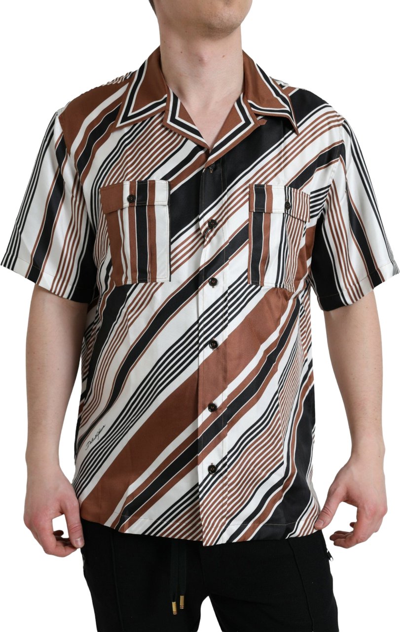 Dolce & Gabbana Brown White Silk Striped Short Sleeve Shirt Divers