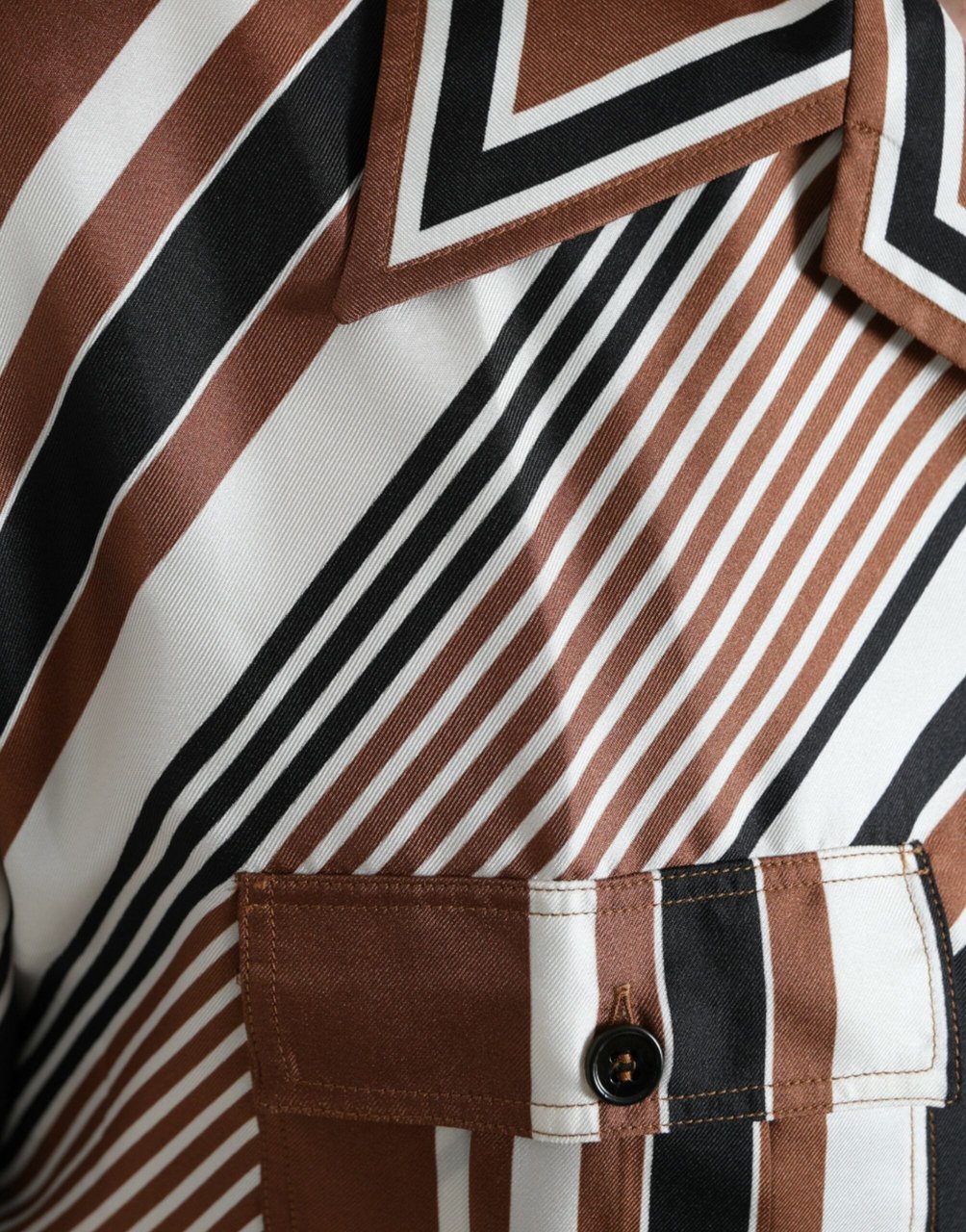 Dolce & Gabbana Brown White Silk Striped Short Sleeve Shirt Divers