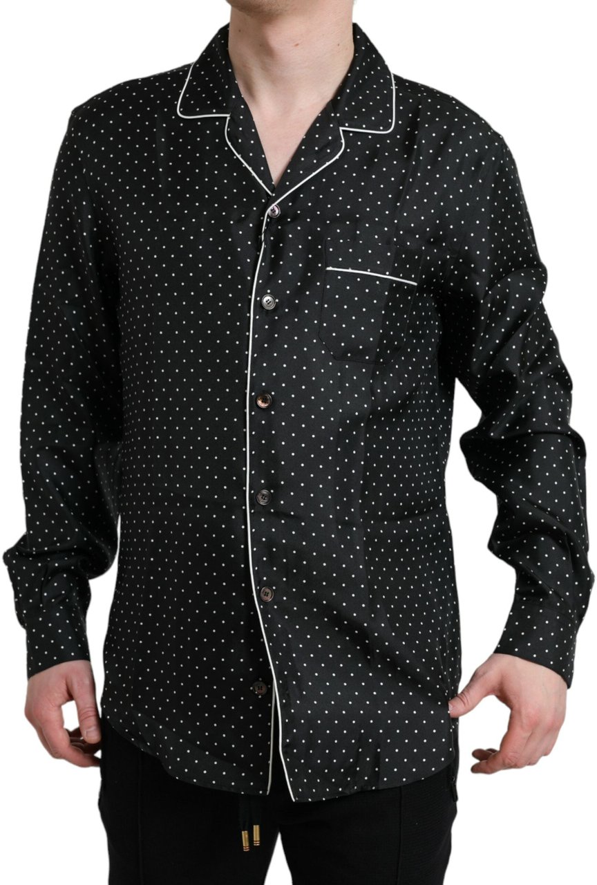 Dolce & Gabbana Black Polka Dot Silk Long Sleeve Shirt Zwart
