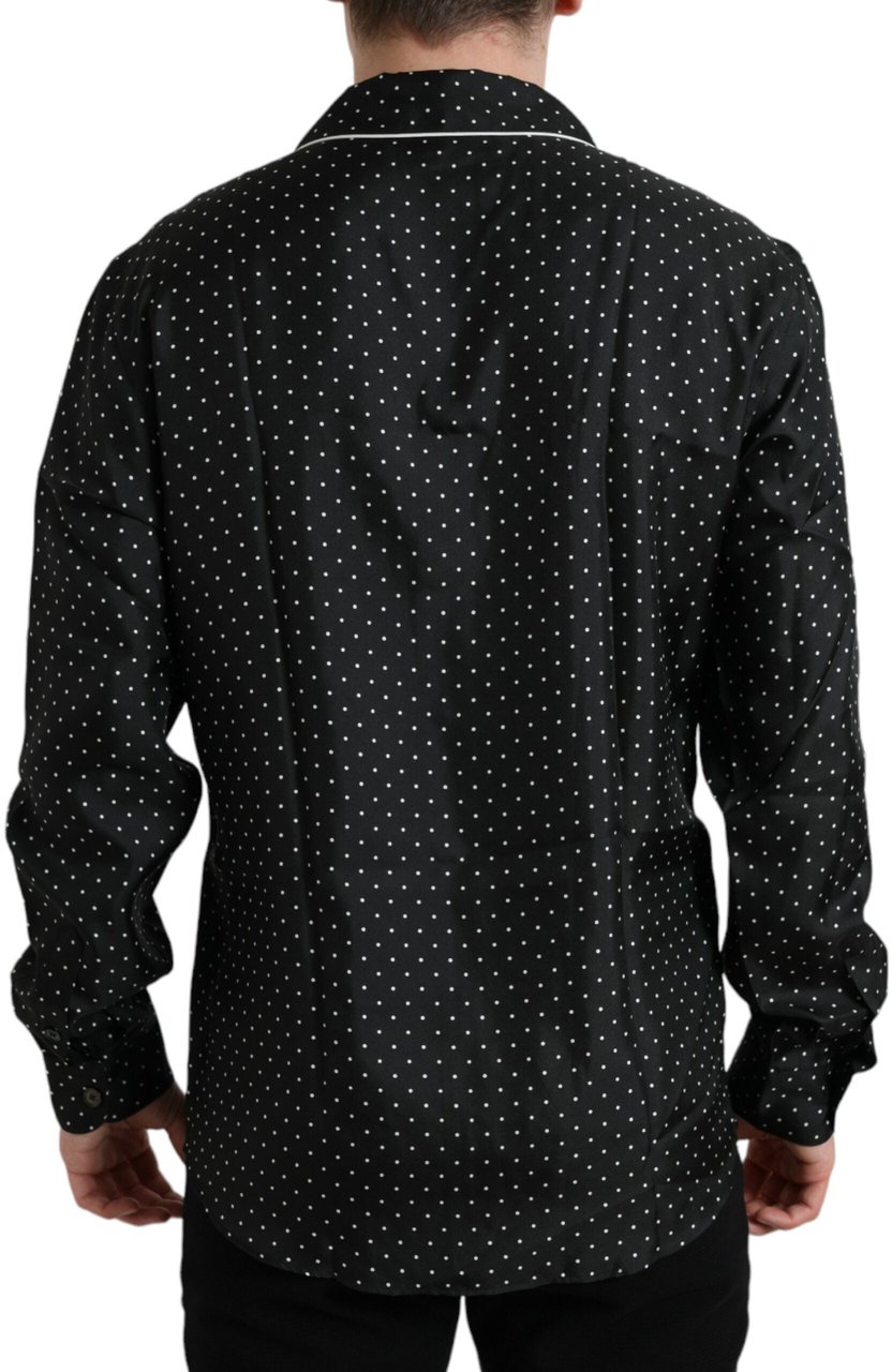 Dolce & Gabbana Black Polka Dot Silk Long Sleeve Shirt Zwart