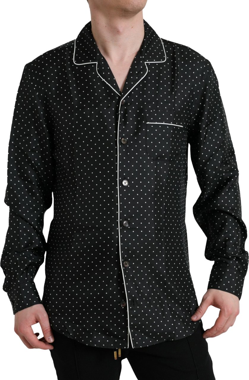 Dolce & Gabbana Black Polka Dot Silk Long Sleeve Shirt Zwart