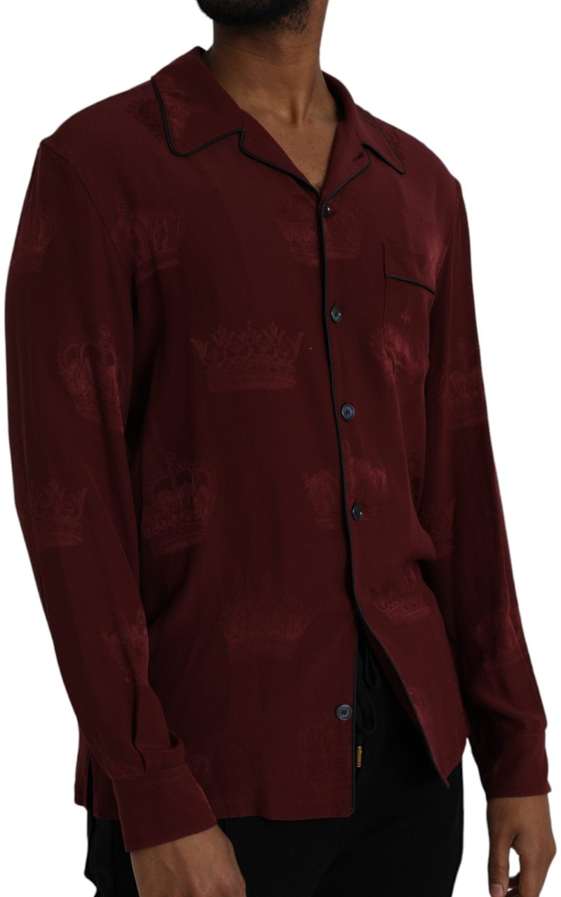 Dolce & Gabbana Maroon Crown Jacquard Silk Long Sleeve Shirt Maroon
