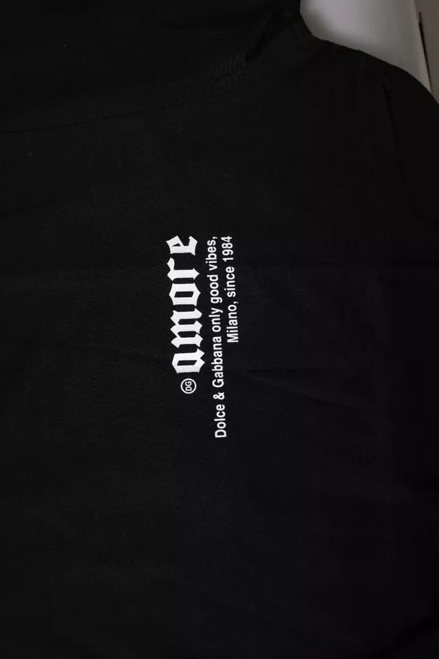 Dolce & Gabbana Black Amore Leopard Cotton Crew Neck T-shirt Zwart