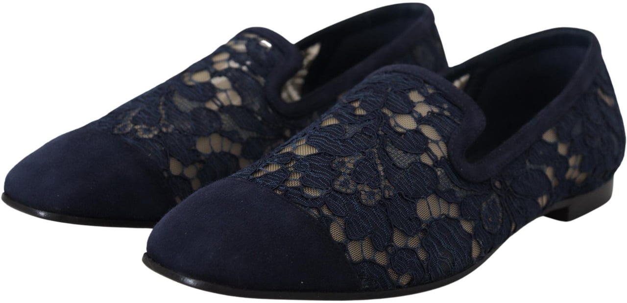 Dolce & Gabbana Blue Floral Lace Slip Ons Loafers Flats Shoes Blauw