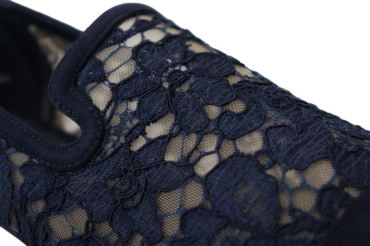 Dolce & Gabbana Blue Floral Lace Slip Ons Loafers Flats Shoes Blauw