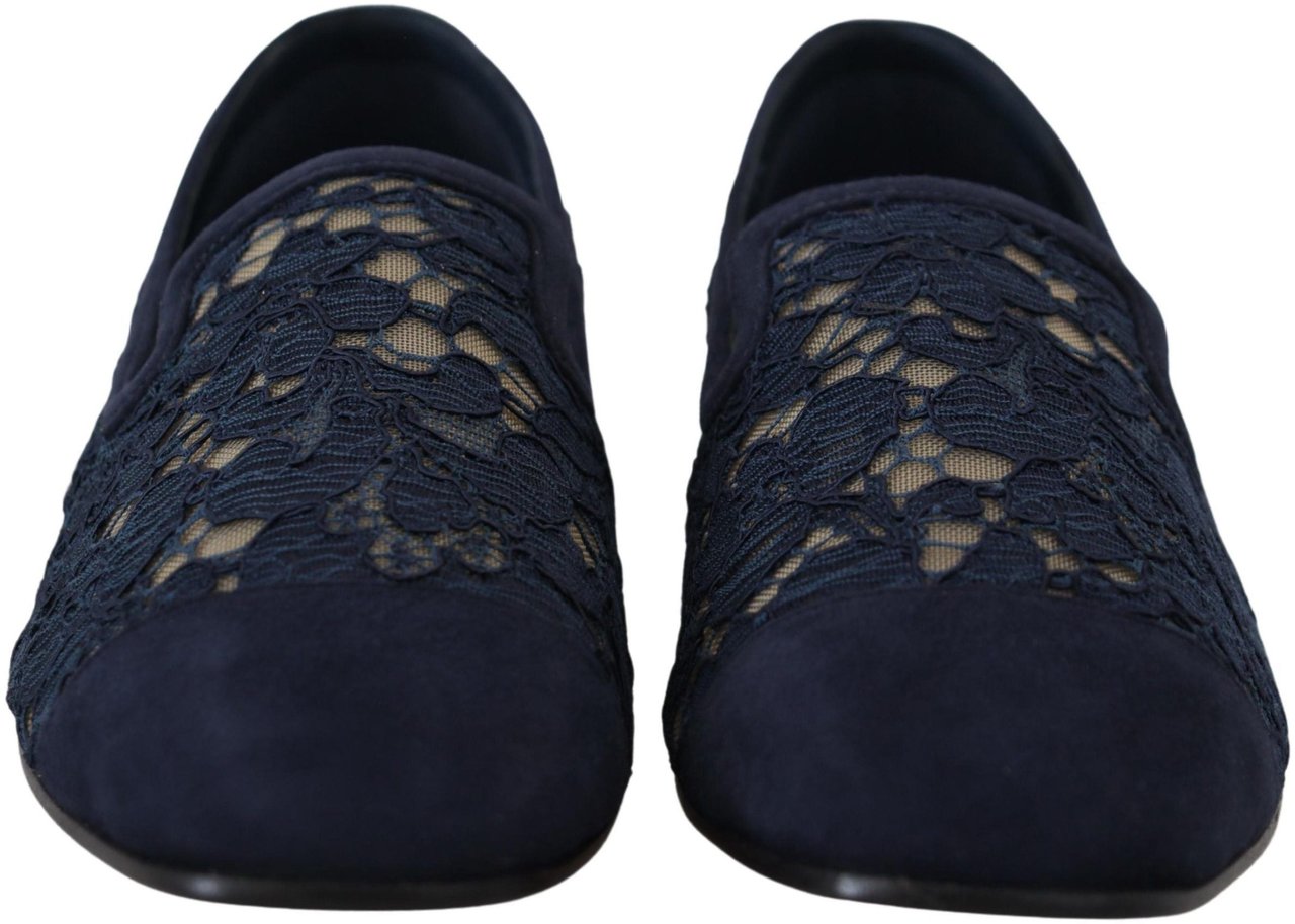 Dolce & Gabbana Blue Floral Lace Slip Ons Loafers Flats Shoes Blauw