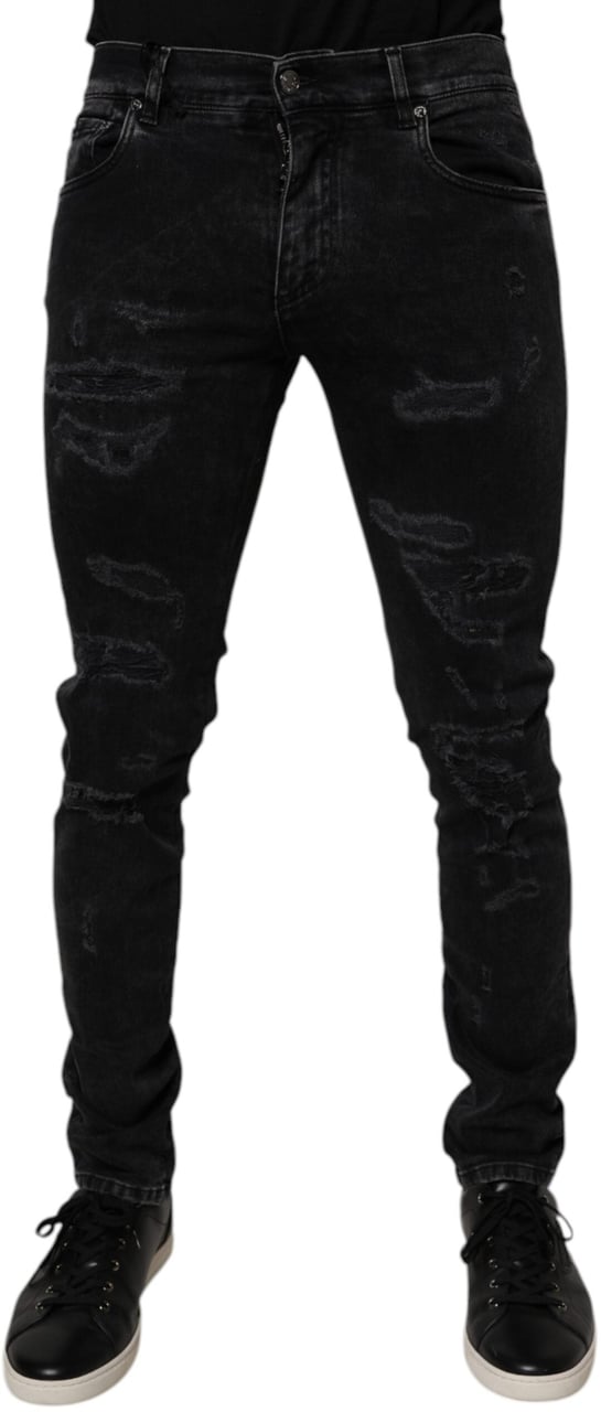 Dolce & Gabbana Black Tattered Cotton Skinny Men Denim Jeans Zwart