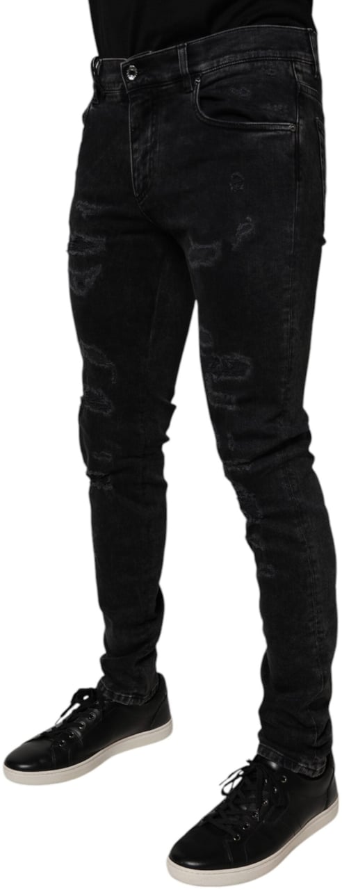 Dolce & Gabbana Black Tattered Cotton Skinny Men Denim Jeans Zwart