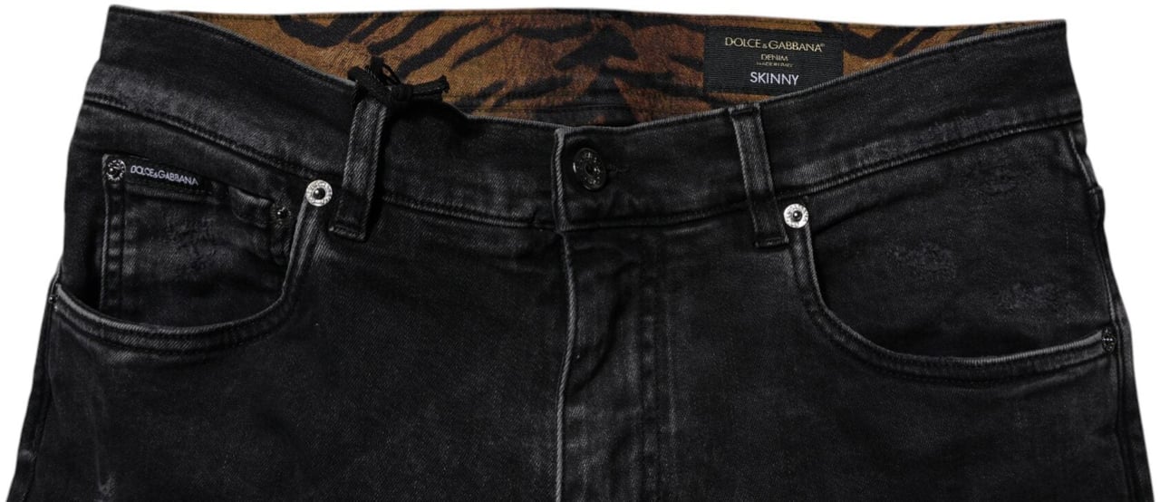 Dolce & Gabbana Black Tattered Cotton Skinny Men Denim Jeans Zwart