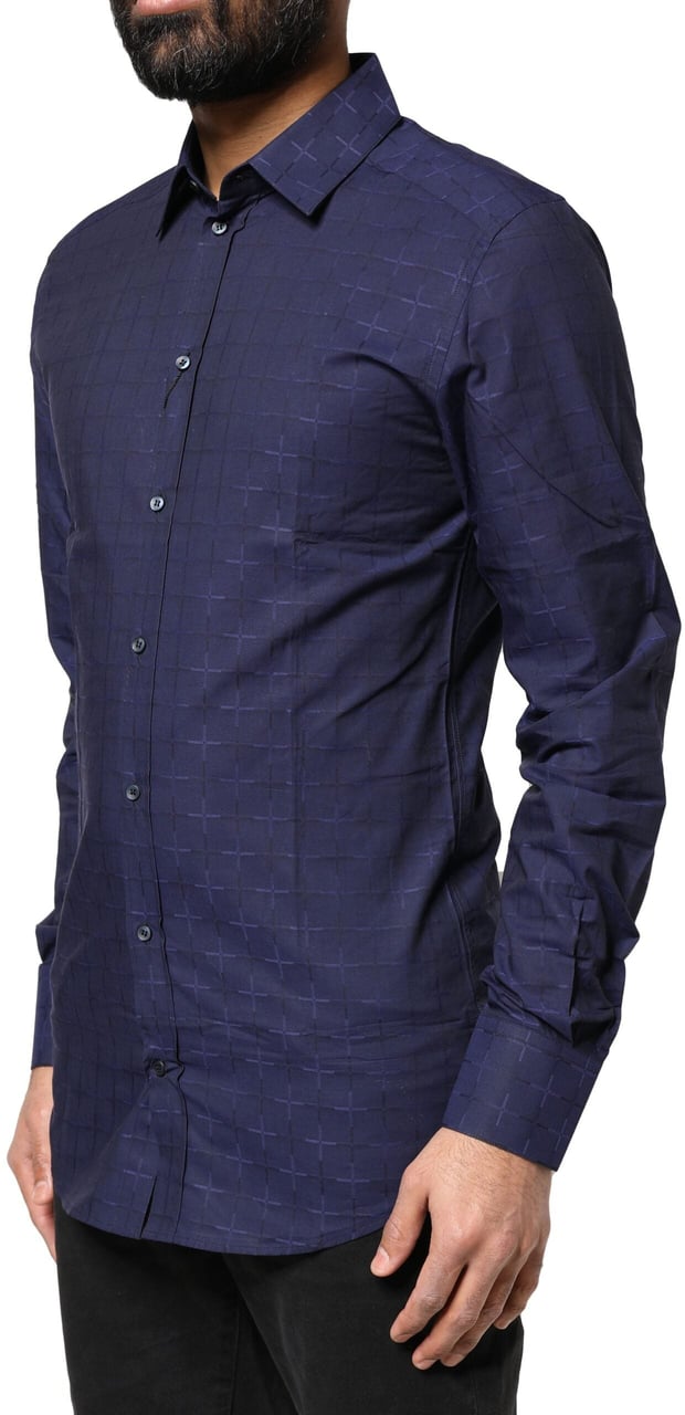 Dolce & Gabbana Blue Check Tartan GOLD Formal Dress Shirt Blauw