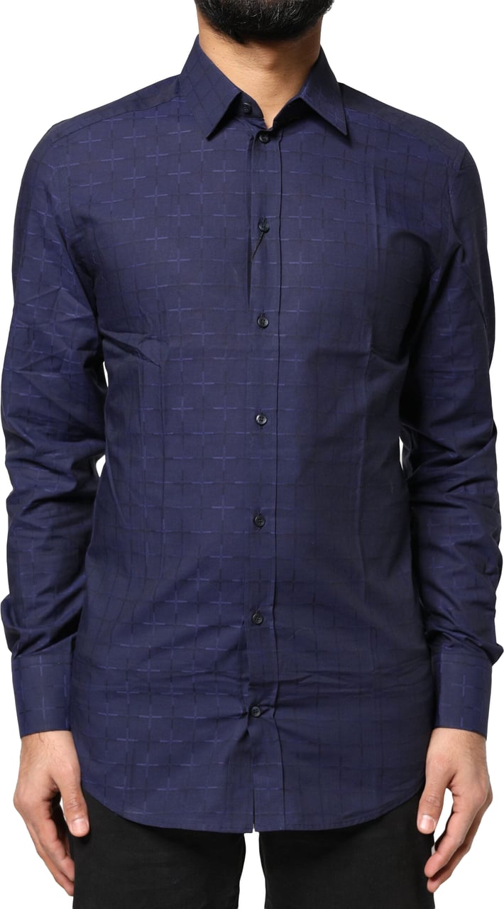 Dolce & Gabbana Blue Check Tartan GOLD Formal Dress Shirt Blauw