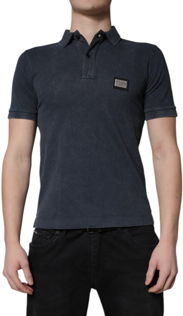 Dolce & Gabbana Dark Blue Logo Plaque Cotton Men Polo Shirt T-shirt Blauw