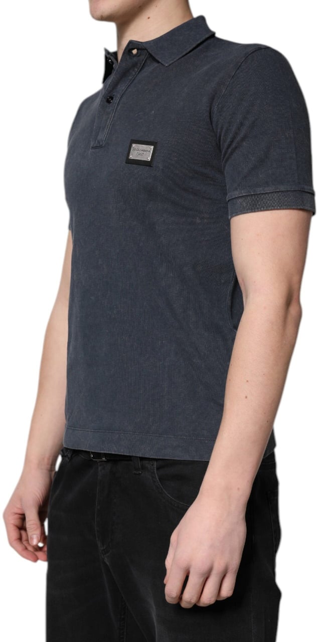 Dolce & Gabbana Dark Blue Logo Plaque Cotton Men Polo Shirt T-shirt Blauw