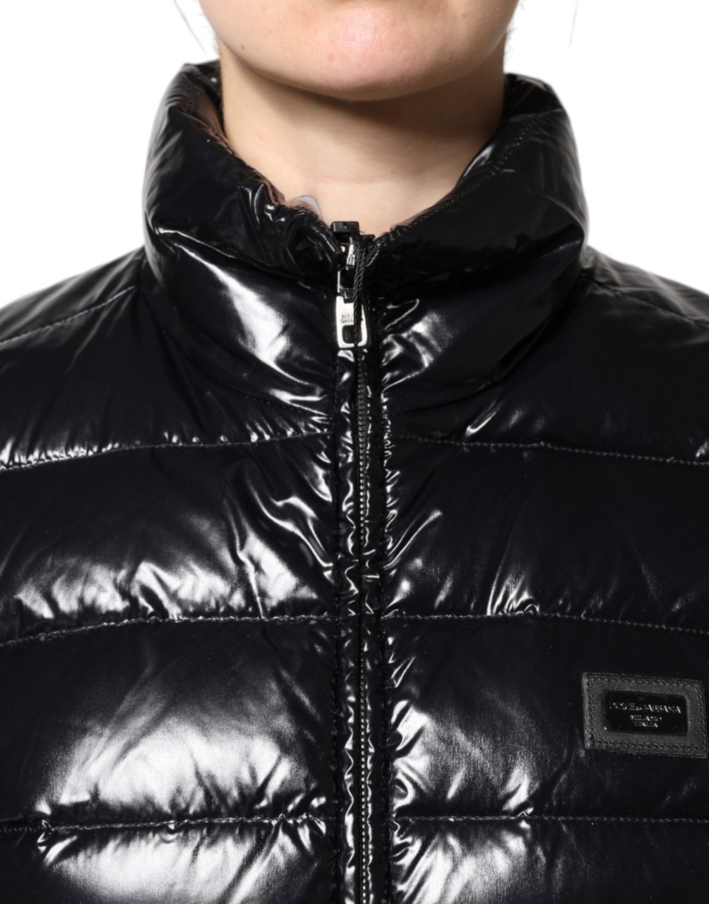 Dolce & Gabbana Black Logo Plaque Full Zip Puffer Jacket Zwart