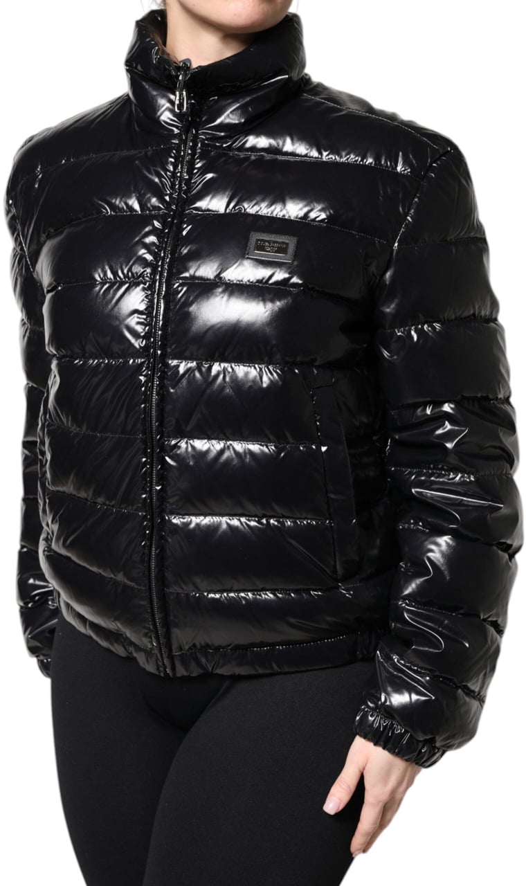 Dolce & Gabbana Black Logo Plaque Full Zip Puffer Jacket Zwart