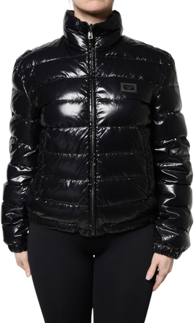 Dolce & Gabbana Black Logo Plaque Full Zip Puffer Jacket Zwart