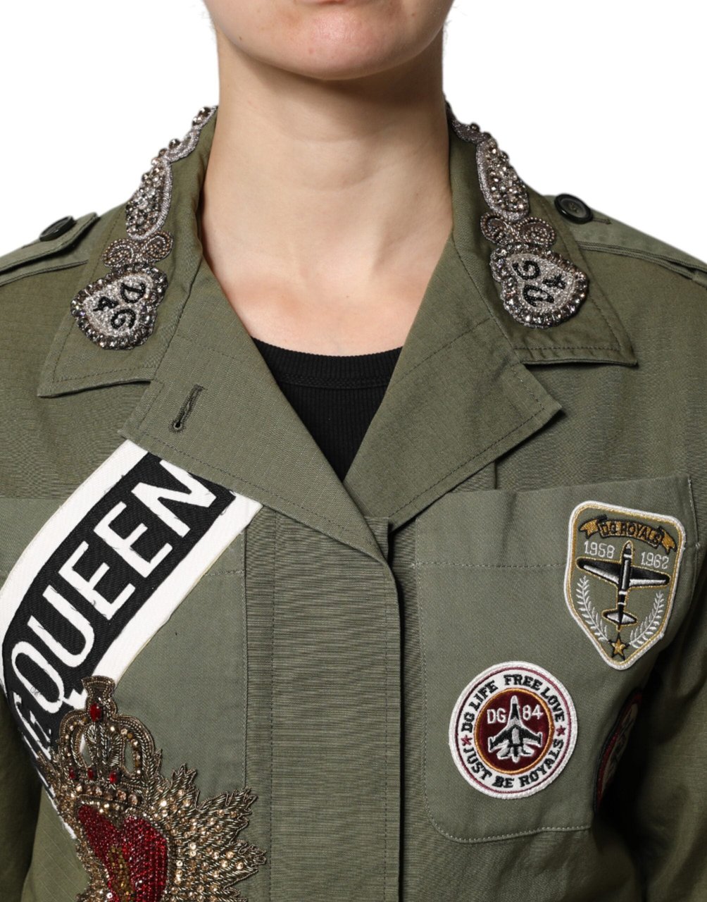 Dolce & Gabbana Military Green Queen Embellished Coat Jacket Groen