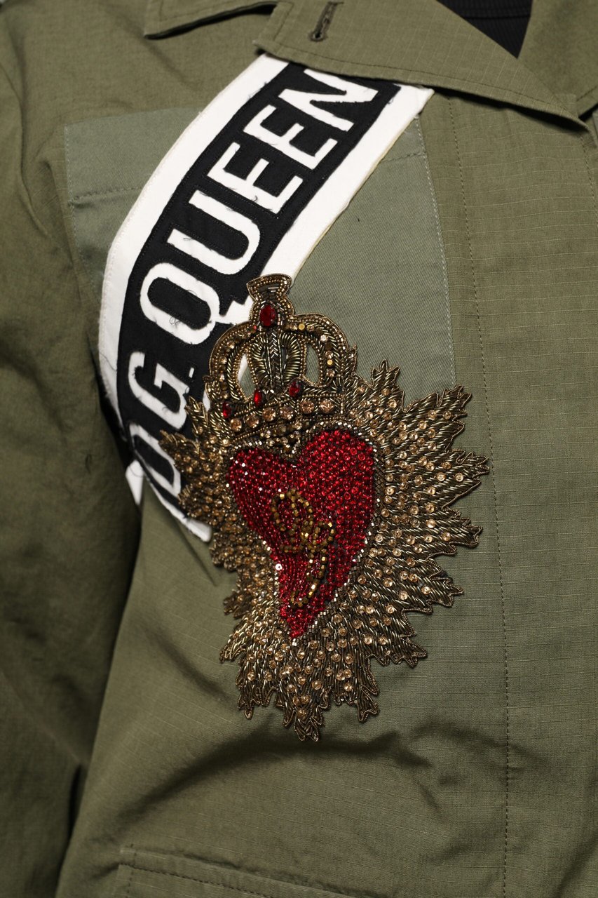 Dolce & Gabbana Military Green Queen Embellished Coat Jacket Groen