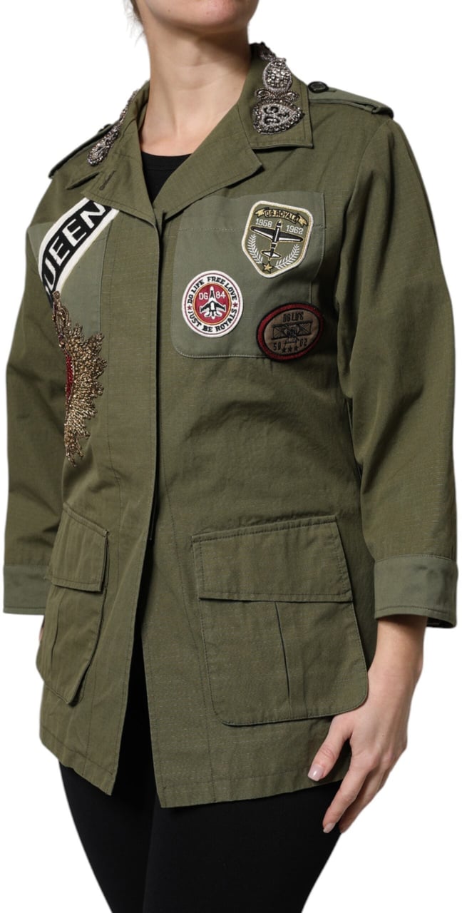 Dolce & Gabbana Military Green Queen Embellished Coat Jacket Groen