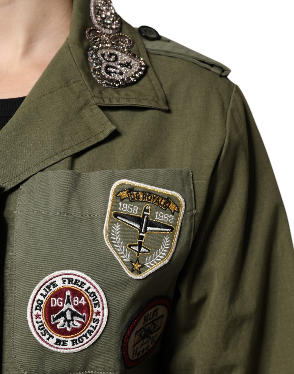Dolce & Gabbana Military Green Queen Embellished Coat Jacket Groen