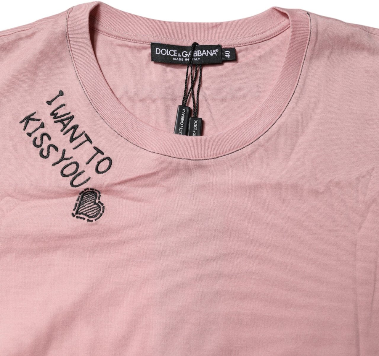 Dolce & Gabbana Pink Logo Print Cotton Crew Neck T-shirt Blauw
