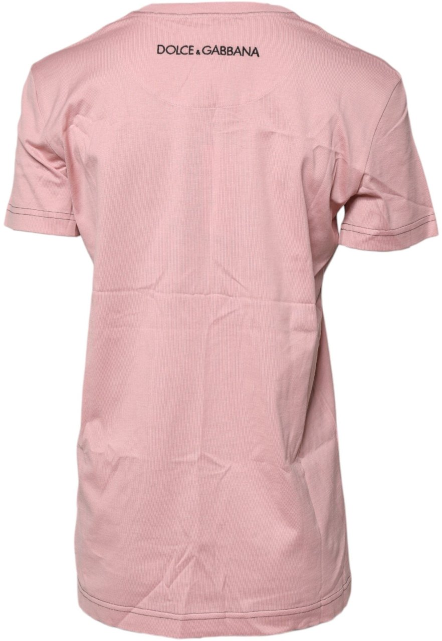 Dolce & Gabbana Pink Logo Print Cotton Crew Neck T-shirt Blauw