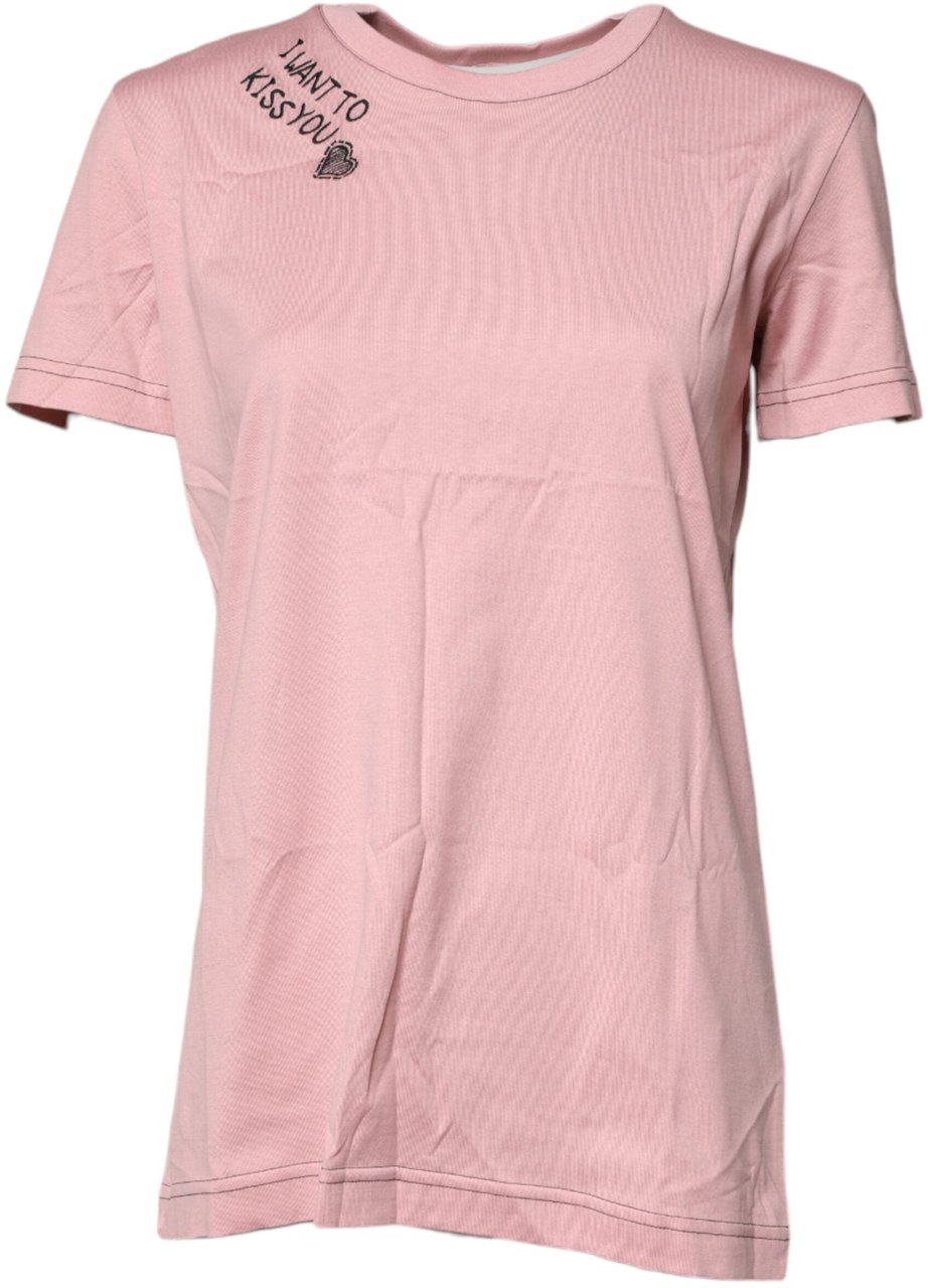 Dolce & Gabbana Pink Logo Print Cotton Crew Neck T-shirt Blauw