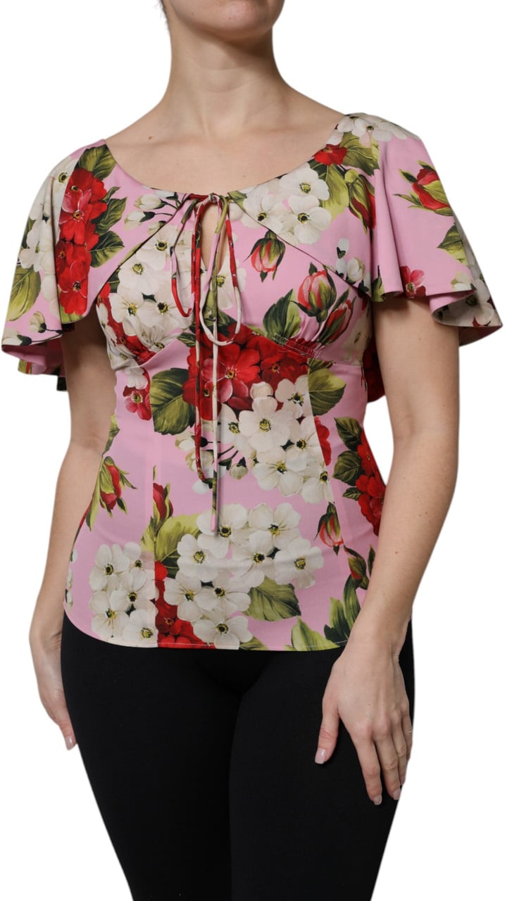 Dolce & Gabbana Pink Floral Silk Short Sleeves Blouse Top Roze