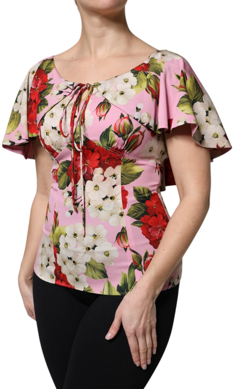 Dolce & Gabbana Pink Floral Silk Short Sleeves Blouse Top Roze