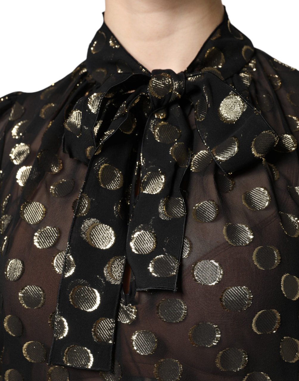Dolce & Gabbana Black Sheer Tied Neck Polka Dots Blouse Top Divers