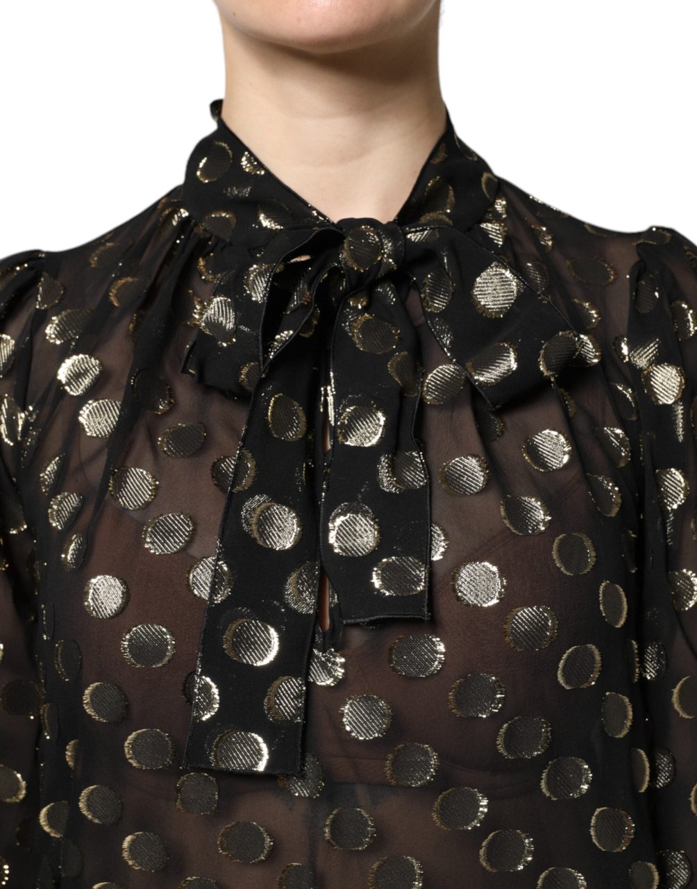 Dolce & Gabbana Black Sheer Tied Neck Polka Dots Blouse Top Divers