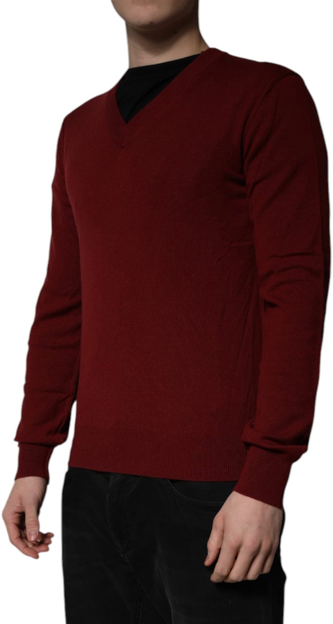 Dolce & Gabbana Maroon Cashmere V-neck Men Pullover Sweater Maroon