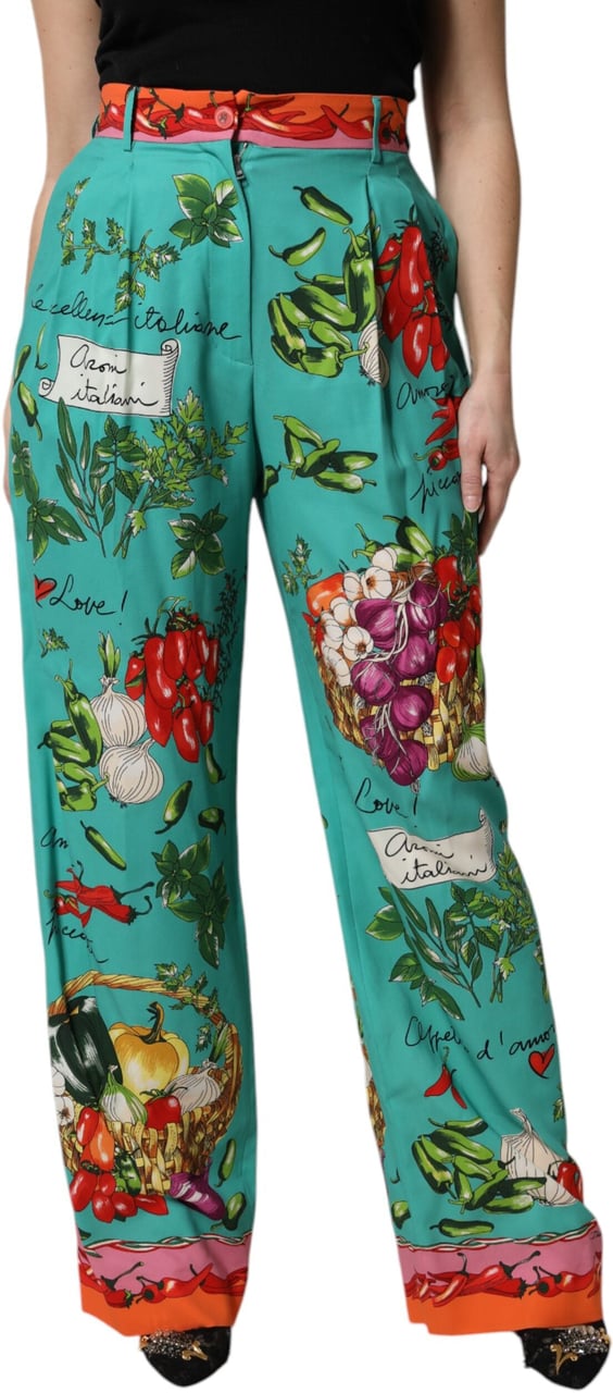Dolce & Gabbana Green Silk Printed Straight Pants Groen