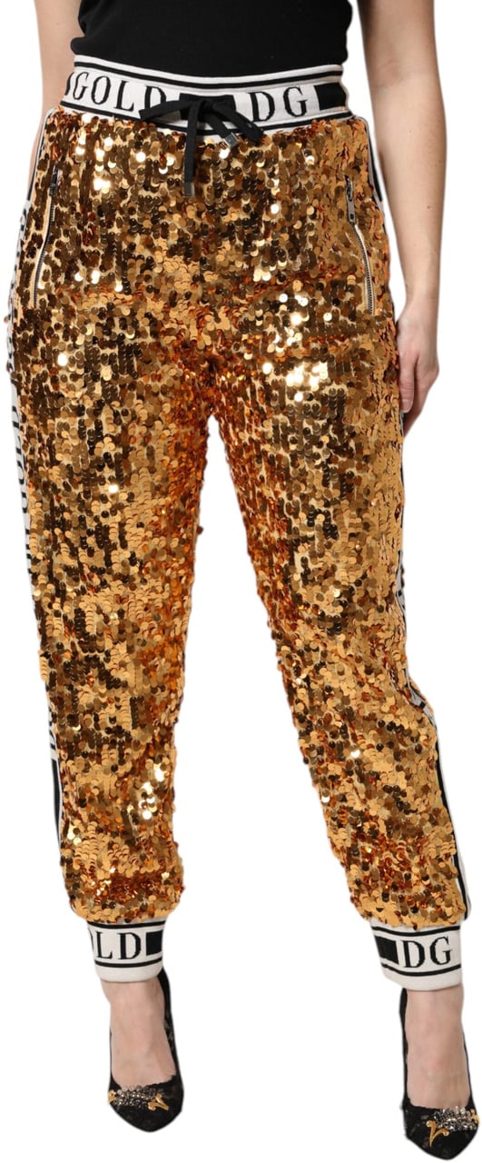 Dolce & Gabbana Metallic Gold DG Logo Sequined Jogger Pants Goud