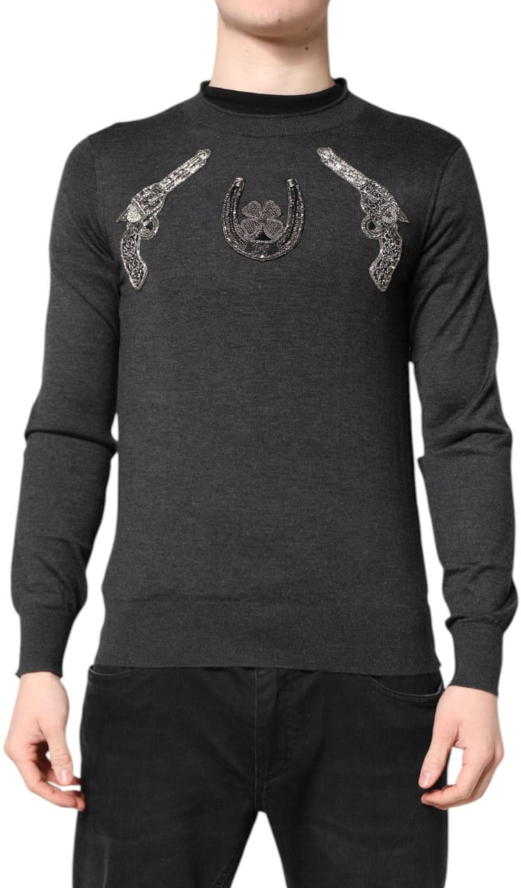 Dolce & Gabbana Gray Embroidery Knit Men Pullover Sweater Grijs