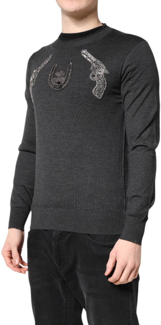 Dolce & Gabbana Gray Embroidery Knit Men Pullover Sweater Grijs