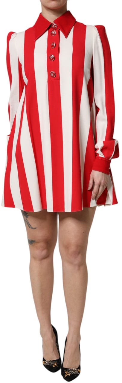 Dolce & Gabbana White Red Stripes Long Sleeves Mini Dress Divers