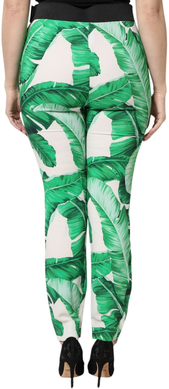 Dolce & Gabbana White Green Leaf High Waist Pants Wit