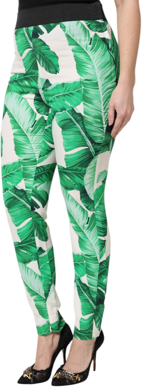 Dolce & Gabbana White Green Leaf High Waist Pants Wit