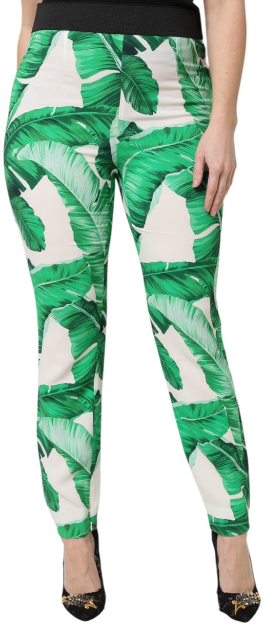 Dolce & Gabbana White Green Leaf High Waist Pants Wit