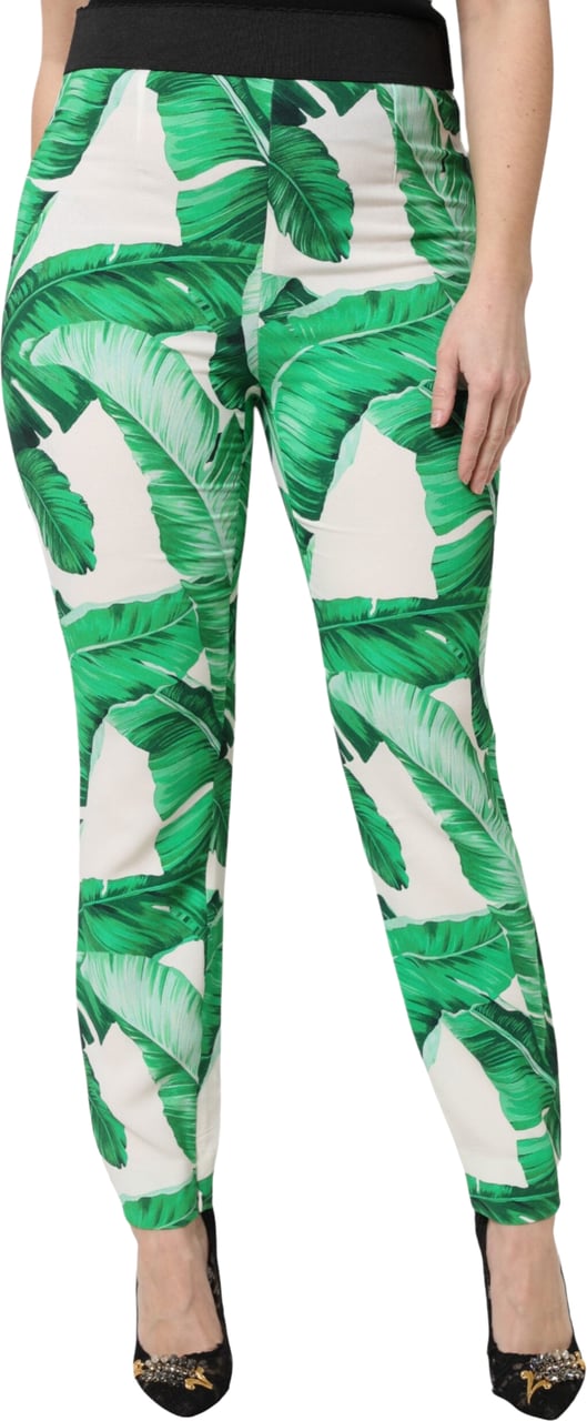 Dolce & Gabbana White Green Leaf High Waist Pants Wit