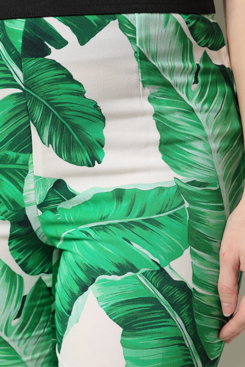 Dolce & Gabbana White Green Leaf High Waist Pants Wit