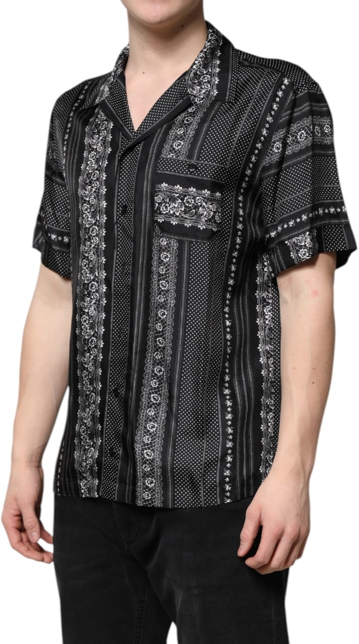 Dolce & Gabbana Black Silk Floral Print Short Sleeves Shirt Zwart