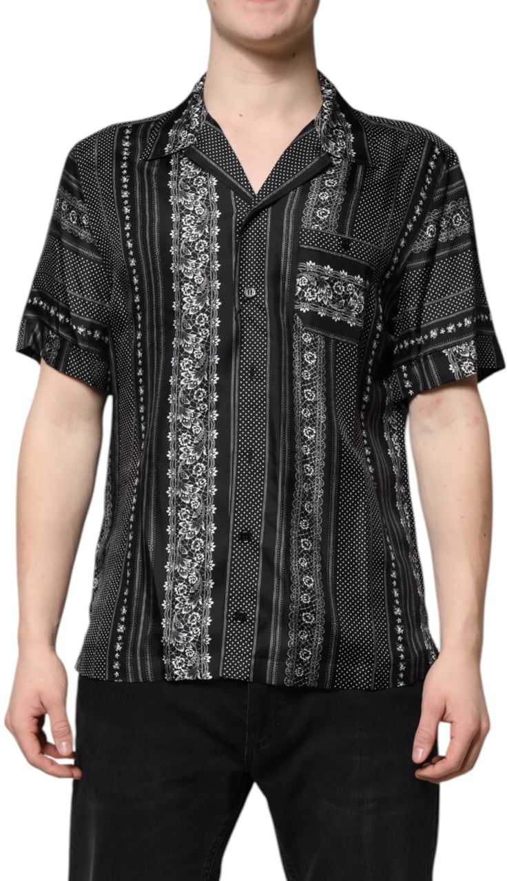 Dolce & Gabbana Black Silk Floral Print Short Sleeves Shirt Zwart