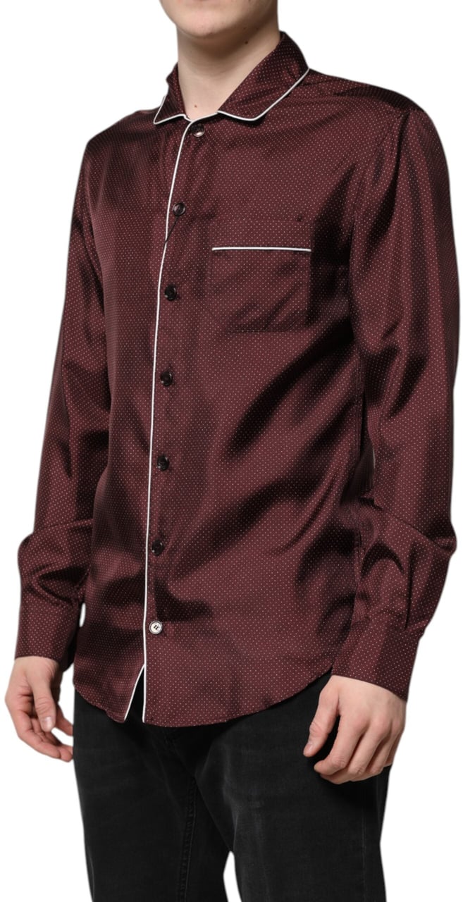 Dolce & Gabbana Burgundy Silk Dotted Long Sleeves Shirt Maroon