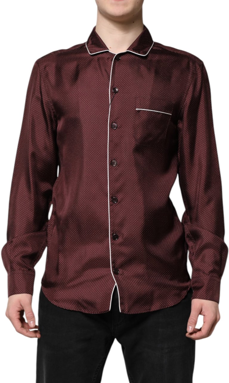 Dolce & Gabbana Burgundy Silk Dotted Long Sleeves Shirt Maroon