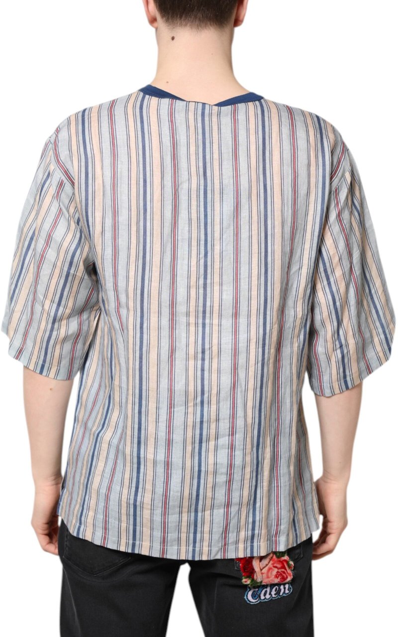 Dolce & Gabbana Multicolor Striped Pin Up Linen Round Neck T-shirt Divers