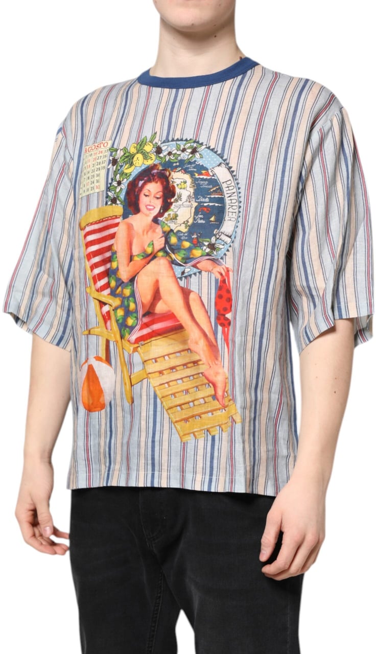 Dolce & Gabbana Multicolor Striped Pin Up Linen Round Neck T-shirt Divers