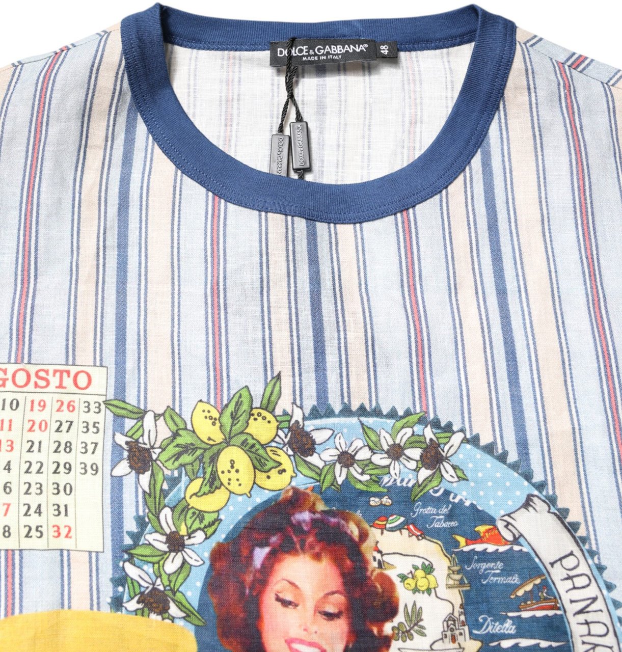Dolce & Gabbana Multicolor Striped Pin Up Linen Round Neck T-shirt Divers