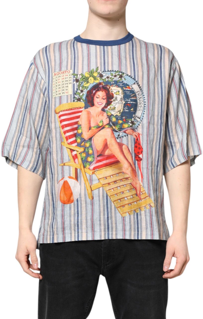 Dolce & Gabbana Multicolor Striped Pin Up Linen Round Neck T-shirt Divers